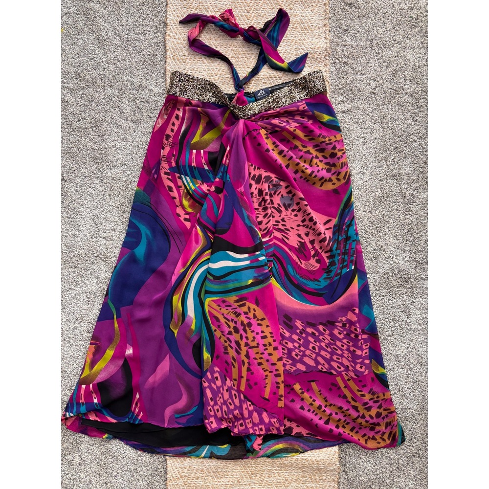 Authentic Icon Ai Womens Halter Maxi Dress Abstract Print Sequin Trim  M